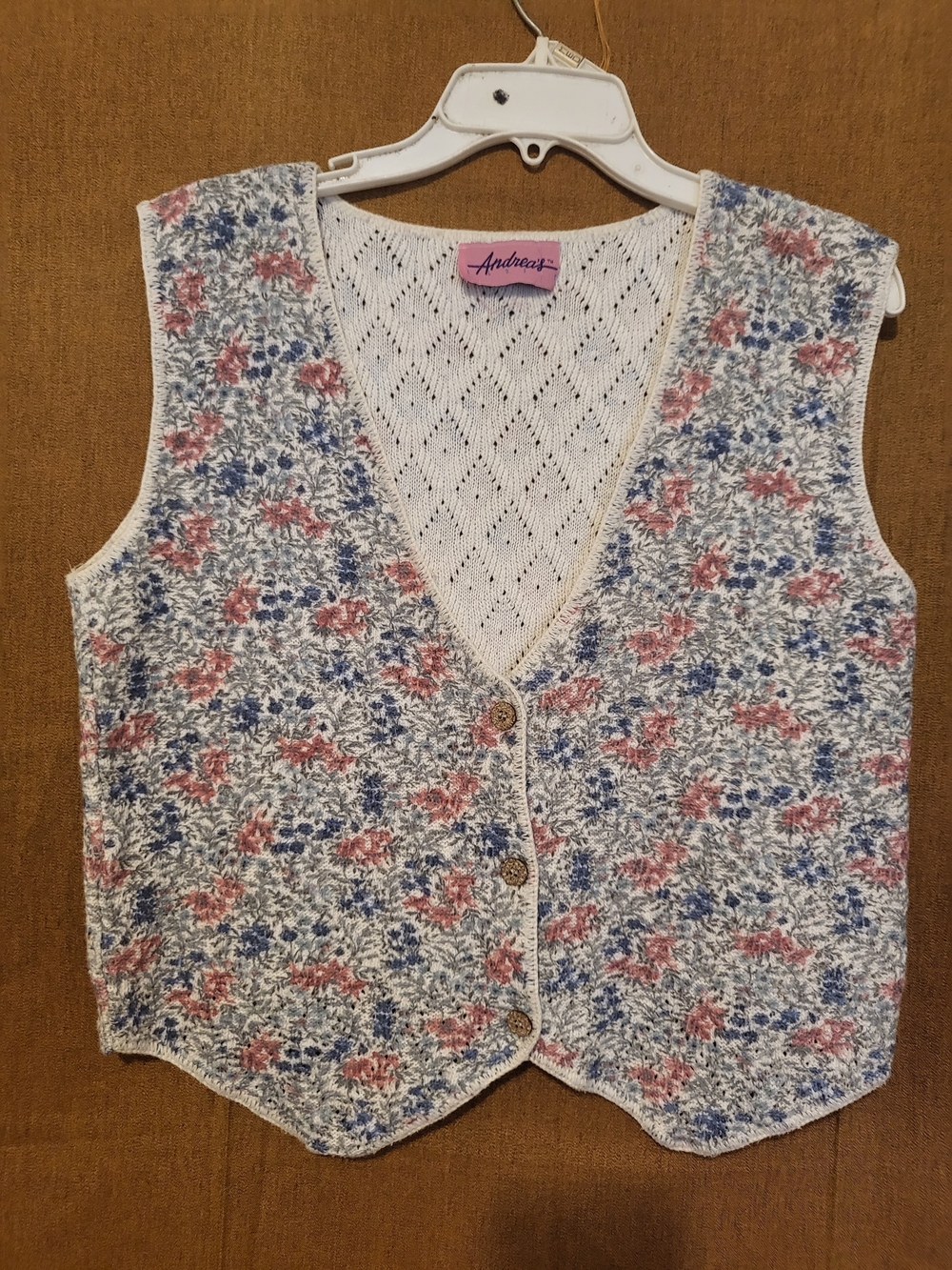 ANDREA FENZI Floral Knit Button Vest in Cream, Blue & Pink